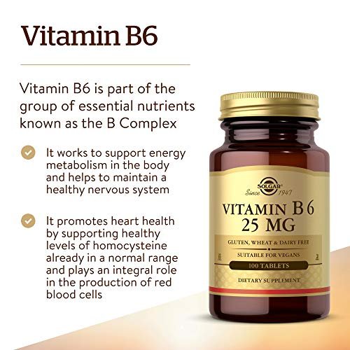 Solgar Vitamin B6 25 mg, 100 Tabletten – Unterstützt Energiestoffwechsel, Herzgesundheit und gesundes Nervensystem – B-Komplex-Ergänzung – Vegan, glutenfrei, laktosefrei, koscher – 100 Portionen