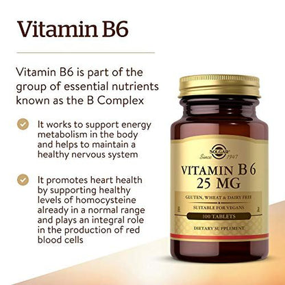 Solgar Vitamin B6 25 mg, 100 Tabletten – Unterstützt Energiestoffwechsel, Herzgesundheit und gesundes Nervensystem – B-Komplex-Ergänzung – Vegan, glutenfrei, laktosefrei, koscher – 100 Portionen