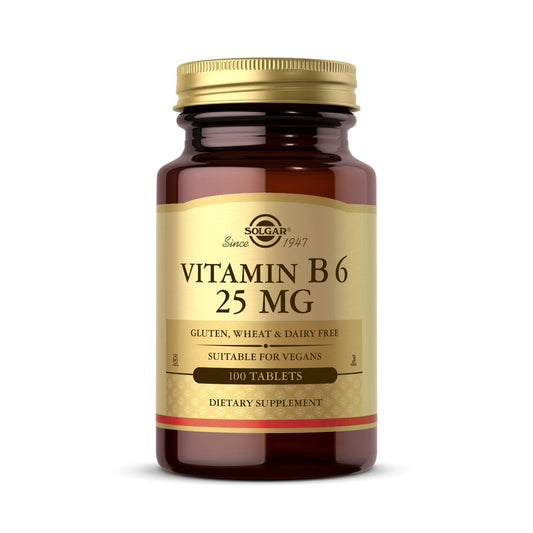 Solgar Vitamin B6 25 mg, 100 Tabletten – Unterstützt Energiestoffwechsel, Herzgesundheit und gesundes Nervensystem – B-Komplex-Ergänzung – Vegan, glutenfrei, laktosefrei, koscher – 100 Portionen