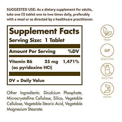 Solgar Vitamin B6 25 mg, 100 Tabletten – Unterstützt Energiestoffwechsel, Herzgesundheit und gesundes Nervensystem – B-Komplex-Ergänzung – Vegan, glutenfrei, laktosefrei, koscher – 100 Portionen
