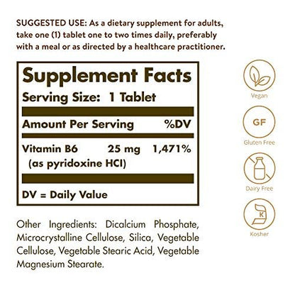 Solgar Vitamin B6 25 mg, 100 Tabletten – Unterstützt Energiestoffwechsel, Herzgesundheit und gesundes Nervensystem – B-Komplex-Ergänzung – Vegan, glutenfrei, laktosefrei, koscher – 100 Portionen