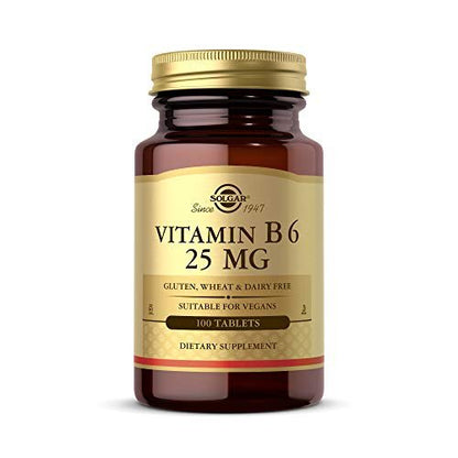Solgar Vitamin B6 25 mg, 100 Tabletten – Unterstützt Energiestoffwechsel, Herzgesundheit und gesundes Nervensystem – B-Komplex-Ergänzung – Vegan, glutenfrei, laktosefrei, koscher – 100 Portionen