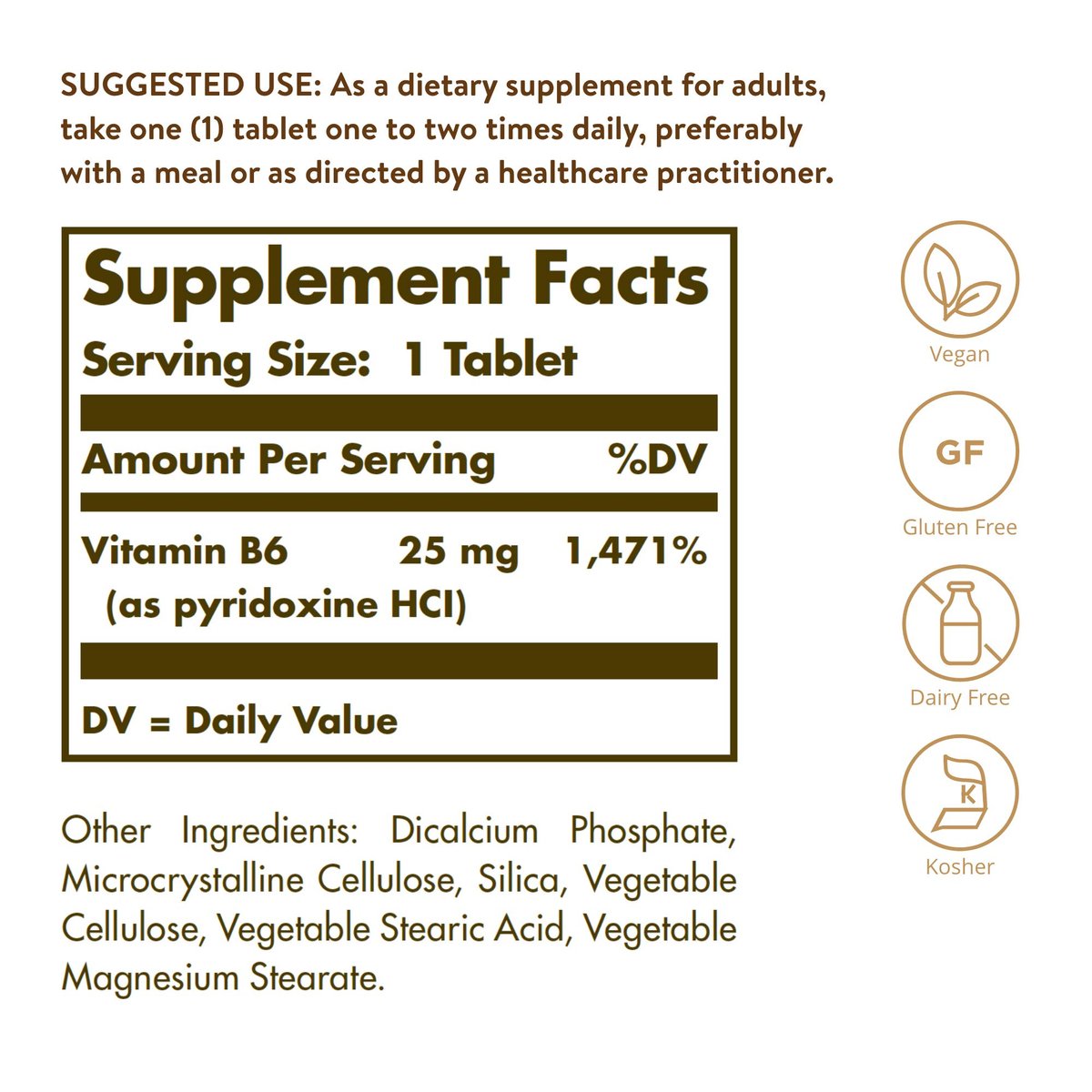Solgar Vitamin B6 25 mg, 100 Tabletten – Unterstützt Energiestoffwechsel, Herzgesundheit und gesundes Nervensystem – B-Komplex-Ergänzung – Vegan, glutenfrei, laktosefrei, koscher – 100 Portionen