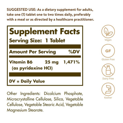 Solgar Vitamin B6 25 mg, 100 Tabletten – Unterstützt Energiestoffwechsel, Herzgesundheit und gesundes Nervensystem – B-Komplex-Ergänzung – Vegan, glutenfrei, laktosefrei, koscher – 100 Portionen