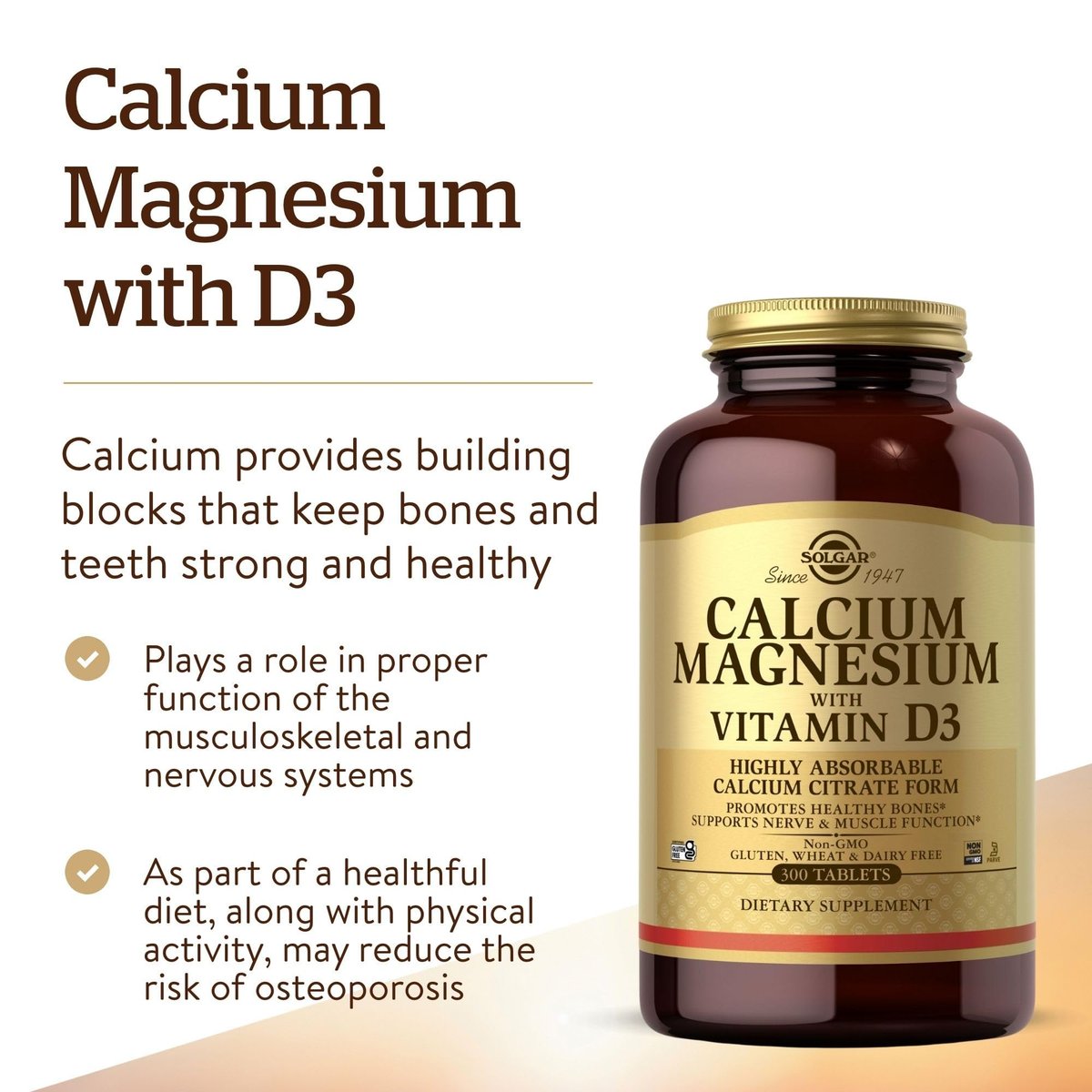 Solgar Calcium Magnesium mit Vitamin D3, 300 Tabletten – Fördert gesunde Knochen, unterstützt Nerven- und Muskelfunktion – Hoch absorbierbare Form – Non-GMO und glutenfrei – 60 Portionen