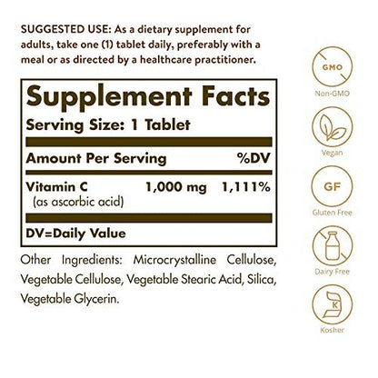 Solgar Vitamin C 1000 mg, 90 Tabletten – Antioxidans & Immununterstützung, gesunde Haut & Gelenke – mit Bioflavonoiden – Non-GMO, vegan, glutenfrei, koscher – 90 Portionen