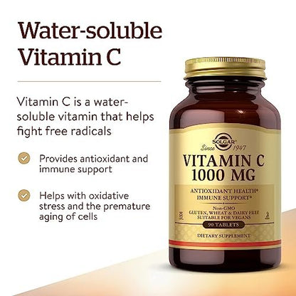 Solgar Vitamin C 1000 mg, 90 Tabletten – Antioxidans & Immununterstützung, gesunde Haut & Gelenke – mit Bioflavonoiden – Non-GMO, vegan, glutenfrei, koscher – 90 Portionen