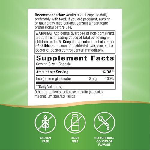Nature's Way Eisen 18 mg aus Eisengluconat – 100 Kapseln zur Unterstützung gesunder roter Blutkörperchen*