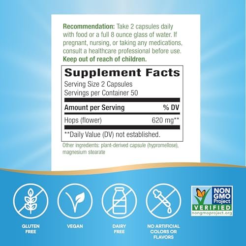Nature's Way Hopfenblüten – Traditionelles Beruhigungsmittel* – 620 mg Hopfenblüten pro 2-Kapsel-Portion – Pflanzliches Nahrungsergänzungsmittel – Vegan, glutenfrei & laktosefrei – 100 Kapseln