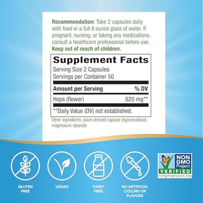 Nature's Way Hopfenblüten – Traditionelles Beruhigungsmittel* – 620 mg Hopfenblüten pro 2-Kapsel-Portion – Pflanzliches Nahrungsergänzungsmittel – Vegan, glutenfrei & laktosefrei – 100 Kapseln