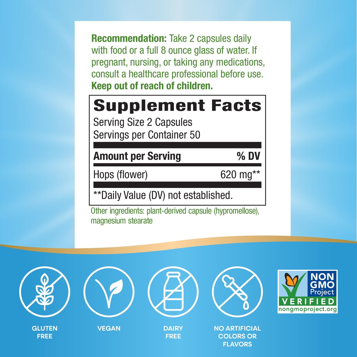 Nature's Way Hopfenblüten – Traditionelles Beruhigungsmittel* – 620 mg Hopfenblüten pro 2-Kapsel-Portion – Pflanzliches Nahrungsergänzungsmittel – Vegan, glutenfrei & laktosefrei – 100 Kapseln