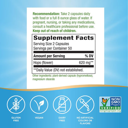Nature's Way Hopfenblüten – Traditionelles Beruhigungsmittel* – 620 mg Hopfenblüten pro 2-Kapsel-Portion – Pflanzliches Nahrungsergänzungsmittel – Vegan, glutenfrei & laktosefrei – 100 Kapseln