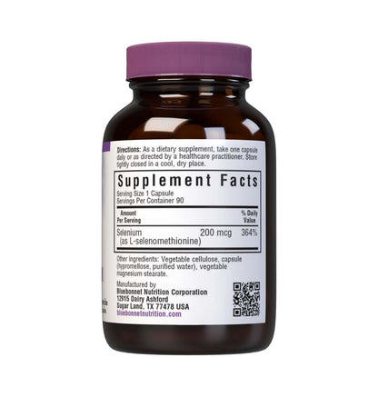 Bluebonnet Selen 200 µg Kapseln (L-Selenomethionin) - Starke antioxidative Unterstützung - Aminosäurekomplex Selenpräparat für Frauen & Männer - Vegan, Nicht-GVO, Glutenfrei - 90 pflanzliche Kapseln