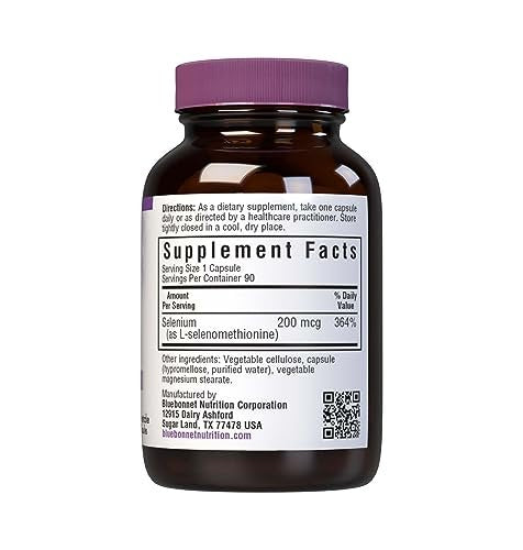 Bluebonnet Selen 200 µg Kapseln (L-Selenomethionin) - Starke antioxidative Unterstützung - Aminosäurekomplex Selenpräparat für Frauen & Männer - Vegan, Nicht-GVO, Glutenfrei - 90 pflanzliche Kapseln