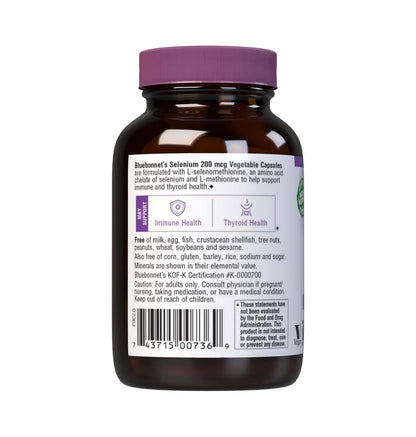 Bluebonnet Selen 200 µg Kapseln (L-Selenomethionin) - Starke antioxidative Unterstützung - Aminosäurekomplex Selenpräparat für Frauen & Männer - Vegan, Nicht-GVO, Glutenfrei - 90 pflanzliche Kapseln