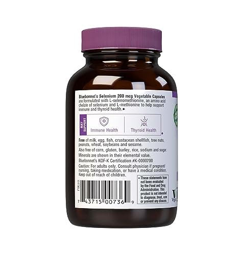 Bluebonnet Selen 200 µg Kapseln (L-Selenomethionin) - Starke antioxidative Unterstützung - Aminosäurekomplex Selenpräparat für Frauen & Männer - Vegan, Nicht-GVO, Glutenfrei - 90 pflanzliche Kapseln