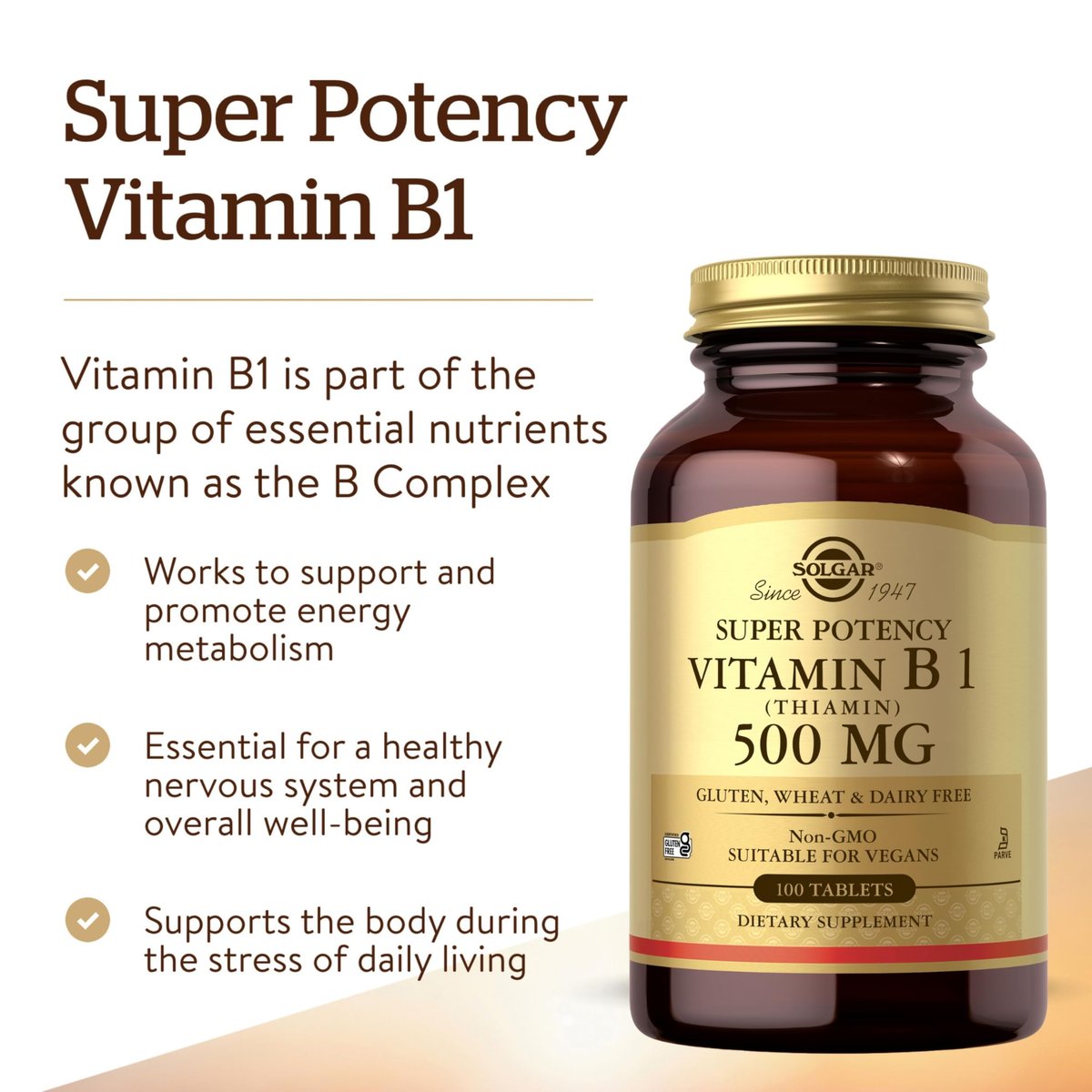 Solgar Vitamin B1 (Thiamin) 500 mg, 100 Tabletten - Energie-Stoffwechsel, gesundes Nervensystem, allgemeines Wohlbefinden - Hochpotenz - Nicht-GVO, vegan, glutenfrei, laktosefrei - 100 Portionen