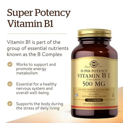 Solgar Vitamin B1 (Thiamin) 500 mg, 100 Tabletten - Energie-Stoffwechsel, gesundes Nervensystem, allgemeines Wohlbefinden - Hochpotenz - Nicht-GVO, vegan, glutenfrei, laktosefrei - 100 Portionen