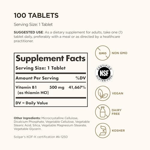 Solgar Vitamin B1 (Thiamin) 500 mg, 100 Tabletten - Energie-Stoffwechsel, gesundes Nervensystem, allgemeines Wohlbefinden - Hochpotenz - Nicht-GVO, vegan, glutenfrei, laktosefrei - 100 Portionen