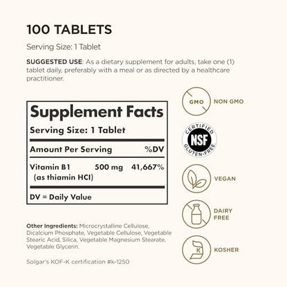 Solgar Vitamin B1 (Thiamin) 500 mg, 100 Tabletten - Energie-Stoffwechsel, gesundes Nervensystem, allgemeines Wohlbefinden - Hochpotenz - Nicht-GVO, vegan, glutenfrei, laktosefrei - 100 Portionen