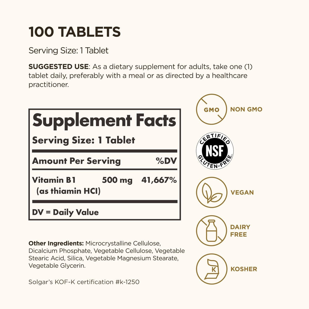 Solgar Vitamin B1 (Thiamin) 500 mg, 100 Tabletten - Energie-Stoffwechsel, gesundes Nervensystem, allgemeines Wohlbefinden - Hochpotenz - Nicht-GVO, vegan, glutenfrei, laktosefrei - 100 Portionen