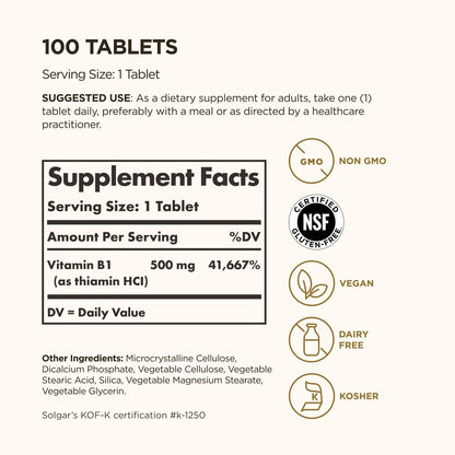 Solgar Vitamin B1 (Thiamin) 500 mg, 100 Tabletten - Energie-Stoffwechsel, gesundes Nervensystem, allgemeines Wohlbefinden - Hochpotenz - Nicht-GVO, vegan, glutenfrei, laktosefrei - 100 Portionen