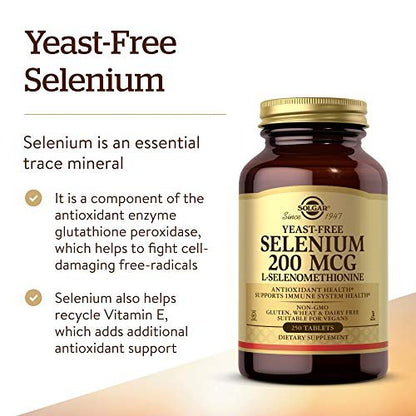 Solgar Hefefreies Selen 200 mcg, 250 Tabletten - Unterstützt Antioxidantien & Immunsystem - Nicht-GVO, Vegan, Glutenfrei, Laktosefrei, Koscher - 250 Portionen
