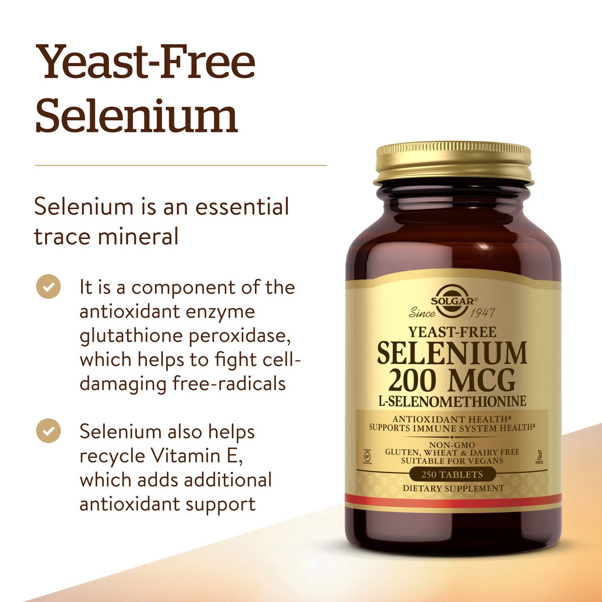 Solgar Hefefreies Selen 200 mcg, 250 Tabletten - Unterstützt Antioxidantien & Immunsystem - Nicht-GVO, Vegan, Glutenfrei, Laktosefrei, Koscher - 250 Portionen