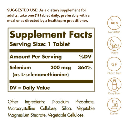 Solgar Hefefreies Selen 200 mcg, 250 Tabletten - Unterstützt Antioxidantien & Immunsystem - Nicht-GVO, Vegan, Glutenfrei, Laktosefrei, Koscher - 250 Portionen