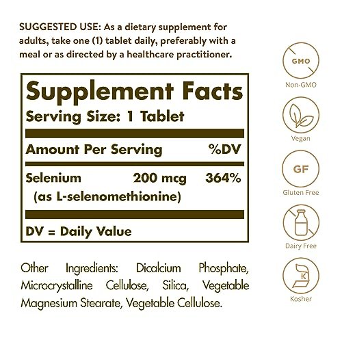 Solgar Hefefreies Selen 200 mcg, 250 Tabletten - Unterstützt Antioxidantien & Immunsystem - Nicht-GVO, Vegan, Glutenfrei, Laktosefrei, Koscher - 250 Portionen
