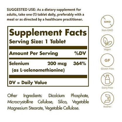 Solgar Hefefreies Selen 200 mcg, 250 Tabletten - Unterstützt Antioxidantien & Immunsystem - Nicht-GVO, Vegan, Glutenfrei, Laktosefrei, Koscher - 250 Portionen