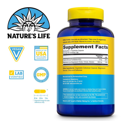 Nature's Life Renewing Magnesium 500 mg mit Vitamin B-6 – Unterstützung für Muskeln und Nerven – Laborgeprüft (180 Portionen, 180 VegCaps)