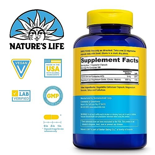 Nature's Life Renewing Magnesium 500 mg mit Vitamin B-6 – Unterstützung für Muskeln und Nerven – Laborgeprüft (180 Portionen, 180 VegCaps)