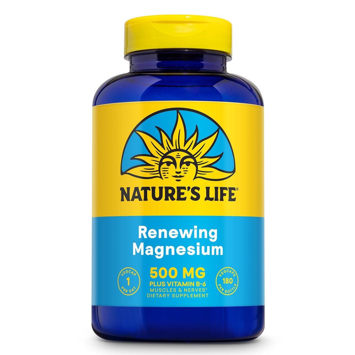 Nature's Life Renewing Magnesium 500 mg mit Vitamin B-6 – Unterstützung für Muskeln und Nerven – Laborgeprüft (180 Portionen, 180 VegCaps)