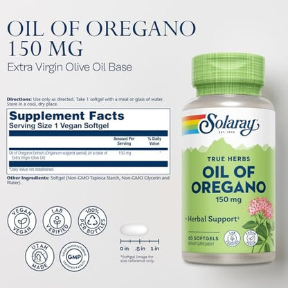 Solaray Oreganoöl Softgels – Hochreines Extrakt, 150 mg pro Kapsel, 60 vegane Softgels