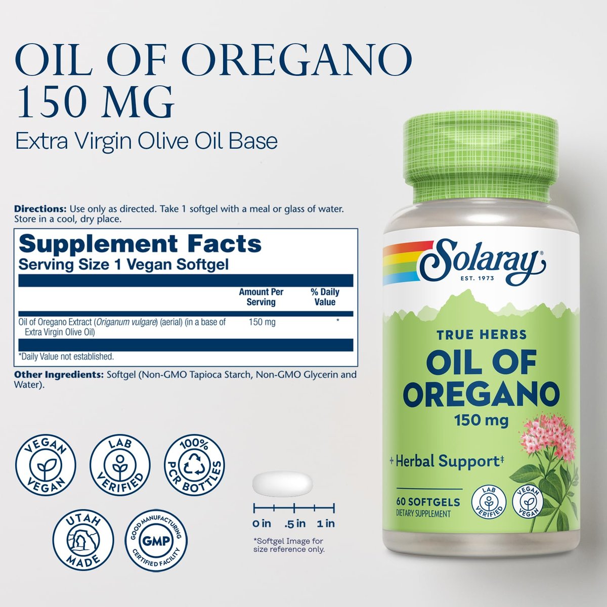 Solaray Oreganoöl Softgels – Hochreines Extrakt, 150 mg pro Kapsel, 60 vegane Softgels