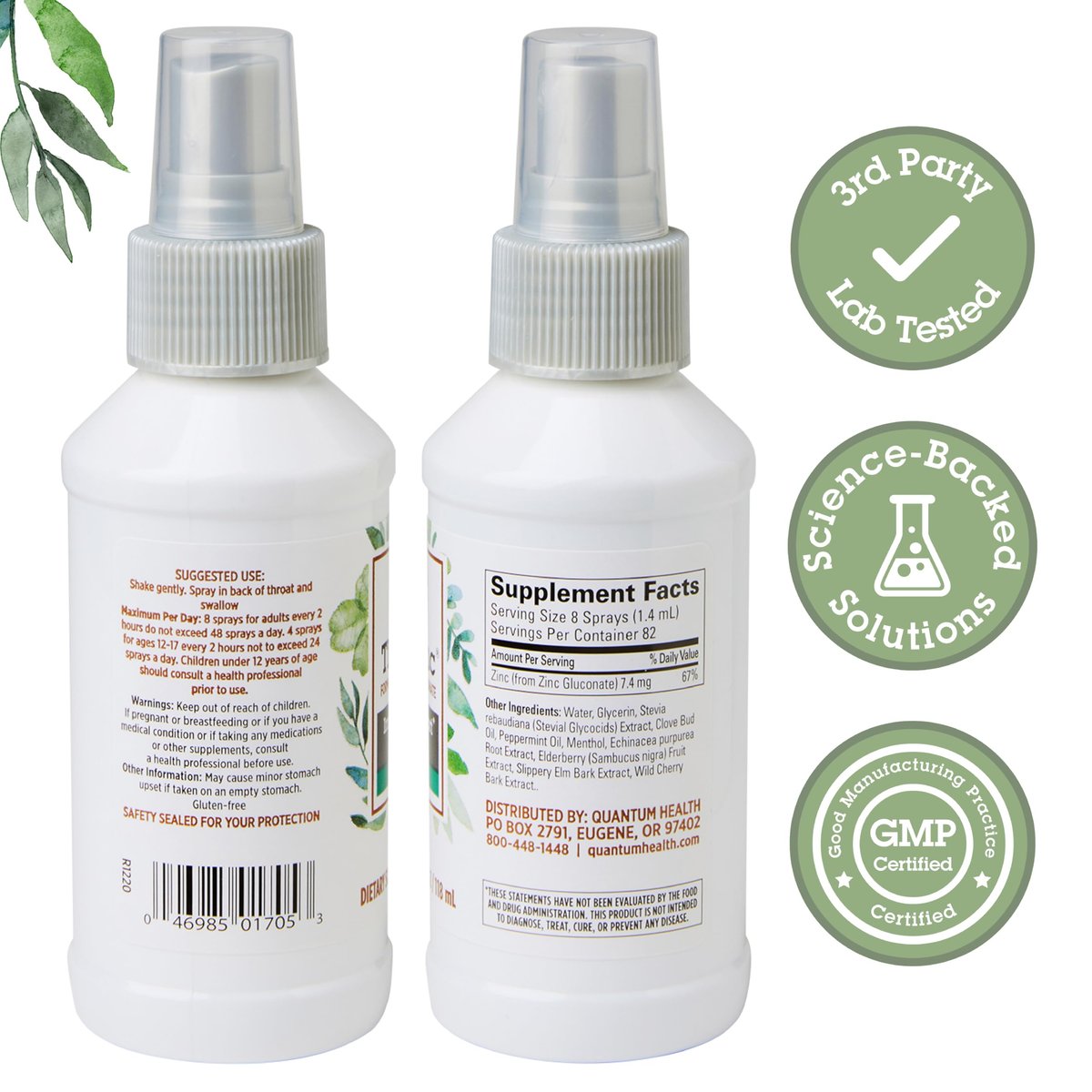 Quantum Health TheraZinc Halspray mit Zink – Immununterstützung & Linderung bei Halsschmerzen, flüssiges Zinkgluconat mit Holunder, Echinacea & Ulmenrinde, für Erwachsene & Kinder ab 12 Jahren, Pfefferminzgeschmack – 118 ml