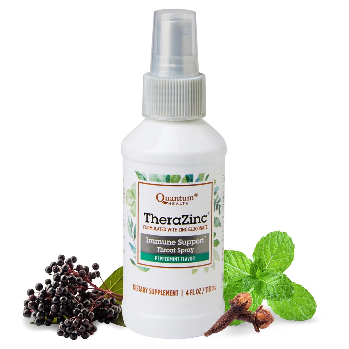 Quantum Health TheraZinc Halspray mit Zink – Immununterstützung & Linderung bei Halsschmerzen, flüssiges Zinkgluconat mit Holunder, Echinacea & Ulmenrinde, für Erwachsene & Kinder ab 12 Jahren, Pfefferminzgeschmack – 118 ml