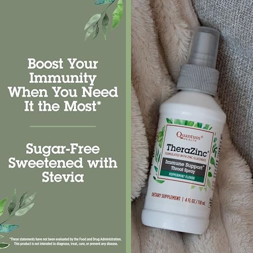 Quantum Health TheraZinc Halspray mit Zink – Immununterstützung & Linderung bei Halsschmerzen, flüssiges Zinkgluconat mit Holunder, Echinacea & Ulmenrinde, für Erwachsene & Kinder ab 12 Jahren, Pfefferminzgeschmack – 118 ml
