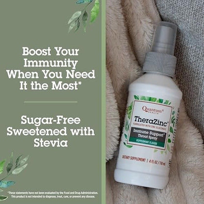 Quantum Health TheraZinc Halspray mit Zink – Immununterstützung & Linderung bei Halsschmerzen, flüssiges Zinkgluconat mit Holunder, Echinacea & Ulmenrinde, für Erwachsene & Kinder ab 12 Jahren, Pfefferminzgeschmack – 118 ml