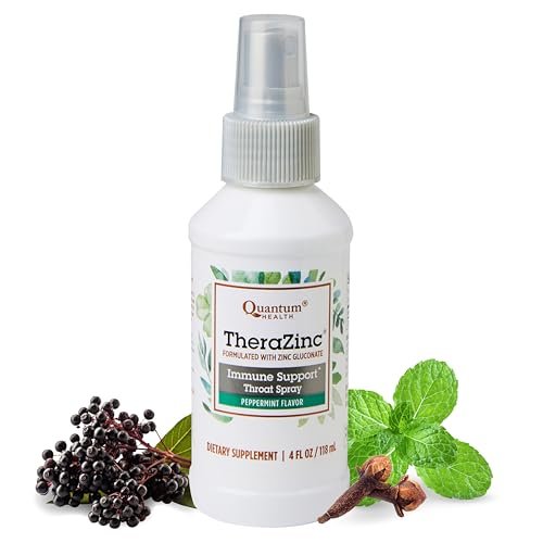 Quantum Health TheraZinc Halspray mit Zink – Immununterstützung & Linderung bei Halsschmerzen, flüssiges Zinkgluconat mit Holunder, Echinacea & Ulmenrinde, für Erwachsene & Kinder ab 12 Jahren, Pfefferminzgeschmack – 118 ml