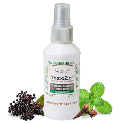 Quantum Health TheraZinc Halspray mit Zink – Immununterstützung & Linderung bei Halsschmerzen, flüssiges Zinkgluconat mit Holunder, Echinacea & Ulmenrinde, für Erwachsene & Kinder ab 12 Jahren, Pfefferminzgeschmack – 118 ml