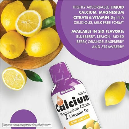 Bluebonnet Nutrition Flüssiges Calciumcitrat Magnesiumcitrat mit Vitamin D3 – 473 ml Zitronengeschmack, glutenfrei, sojafrei, milchfrei, koscher, 32 Portionen