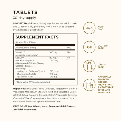 Solgar Collagen Hyaluronic Acid Complex, 30 Tabletten - Hydrolysiertes Kollagen Typ 2 - Reduziert feine Linien & Falten - Steigert Hautkollagen & Elastizität - Non-GMO, Gluten- & Laktosefrei - 30 Portionen