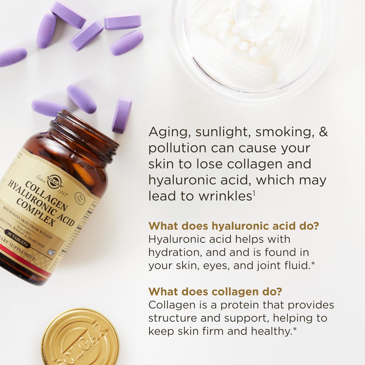 Solgar Collagen Hyaluronic Acid Complex, 30 Tabletten - Hydrolysiertes Kollagen Typ 2 - Reduziert feine Linien & Falten - Steigert Hautkollagen & Elastizität - Non-GMO, Gluten- & Laktosefrei - 30 Portionen