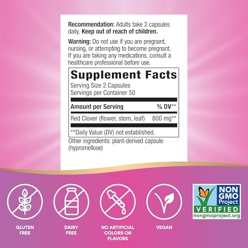 Nature's Way Rotklee Blütenkraut – Traditionelle Unterstützung für die Frauengesundheit*, 800 mg pro 2-Kapsel-Portion, Non-GMO Project Verified, 100 vegane Kapseln
