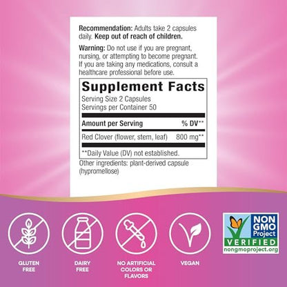 Nature's Way Rotklee Blütenkraut – Traditionelle Unterstützung für die Frauengesundheit*, 800 mg pro 2-Kapsel-Portion, Non-GMO Project Verified, 100 vegane Kapseln