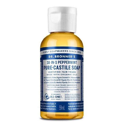 Dr. Bronner's Flüssigseife aus reiner Kastilienseife (Pfefferminz, Reisegröße, 59 ml) – Hergestellt mit Bio-Ölen, 18-in-1 Verwendung: Gesicht, Körper, Haare, Wäsche, Haustiere und Geschirr, Konzentriert, Vegan, Nicht-GVO