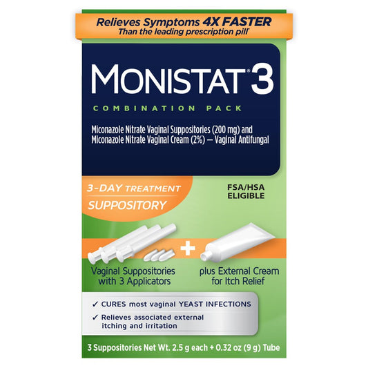 Monistat 3-Tage Vaginalcreme & Zäpfchen gegen Scheidenpilz, 3 Miconazol-Zäpfchen & äußerliche Juckreiz-Linderungscreme (9g Tube) Kombipackung