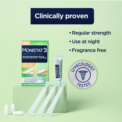 Monistat 3-Tage Vaginalcreme & Zäpfchen gegen Scheidenpilz, 3 Miconazol-Zäpfchen & äußerliche Juckreiz-Linderungscreme (9g Tube) Kombipackung
